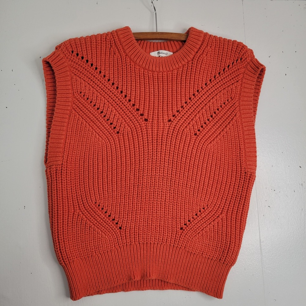 Madewell Women XS Burnt Orange Chunky Ribbed Pointelle Sweater Vest Cotton Blend